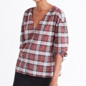 Madewell Plaid Blouse Peasant V-Neck Red Gray  S